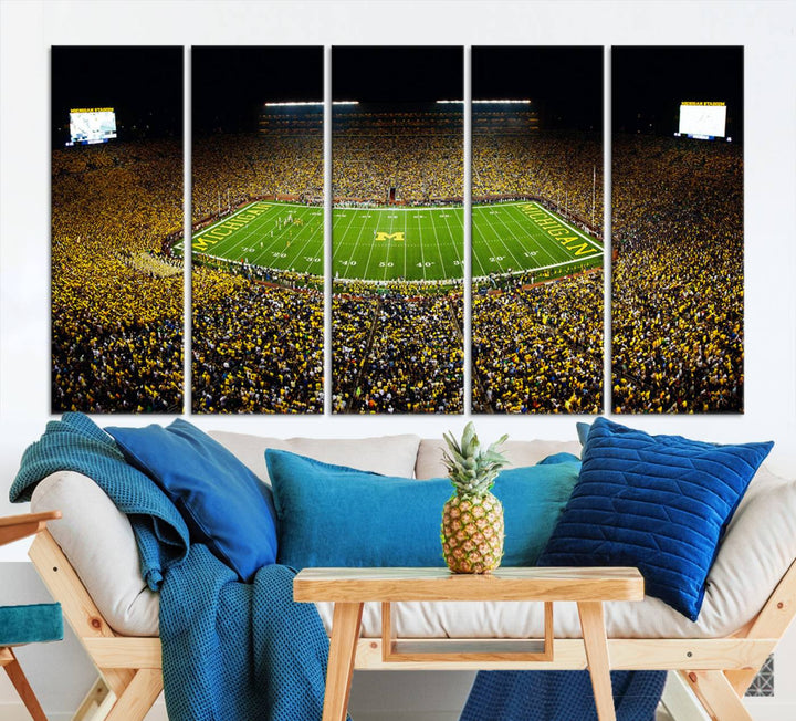 Michigan Wolverines Football Team Print - Michigan Stadium Night Game Triple Canvas Wall Art - University of Michigan Football Match