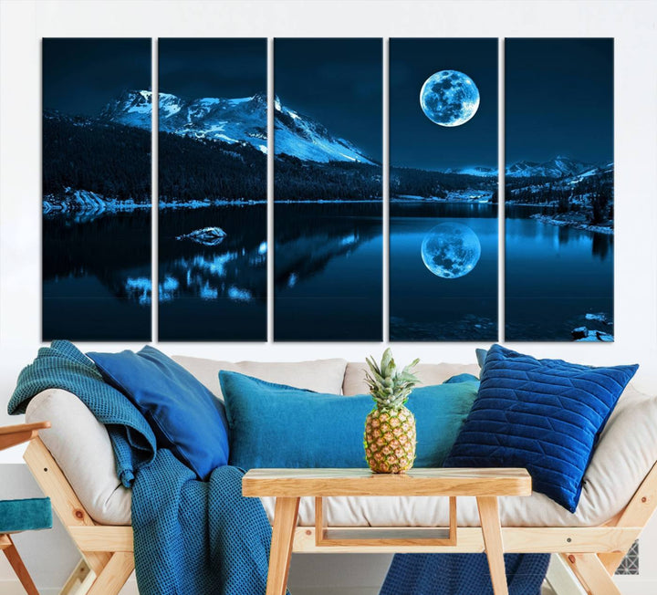 Blue Moon Mountain Lake Landscape Framed Wall Art Canvas Print