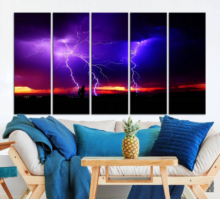 Electrifying Sunset Thunderstorm Canvas Print – Dramatic Lightning and Vibrant Sunset Wall Art