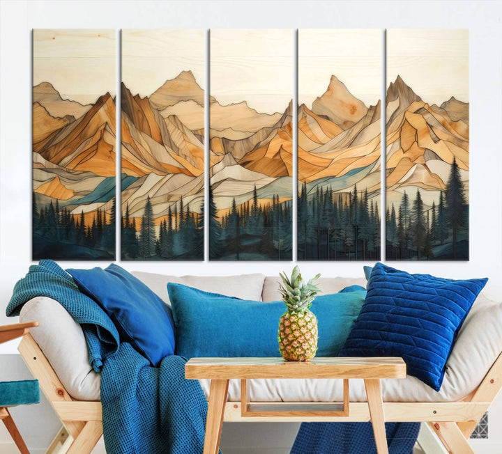 Rustic Wood Style Mountain Wall Art Print | Triptych Giclee Print Featuring Handcrafted Forest and Mountain Range Design | Framed Ready-to-Hang Print