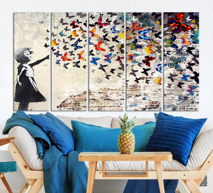 Banksy Style Girl with Butterflies Wall Art - Beautiful Framed Ready-to-Hang Triptych Canvas - Vibrant Butterfly Street Art for Modern Decor