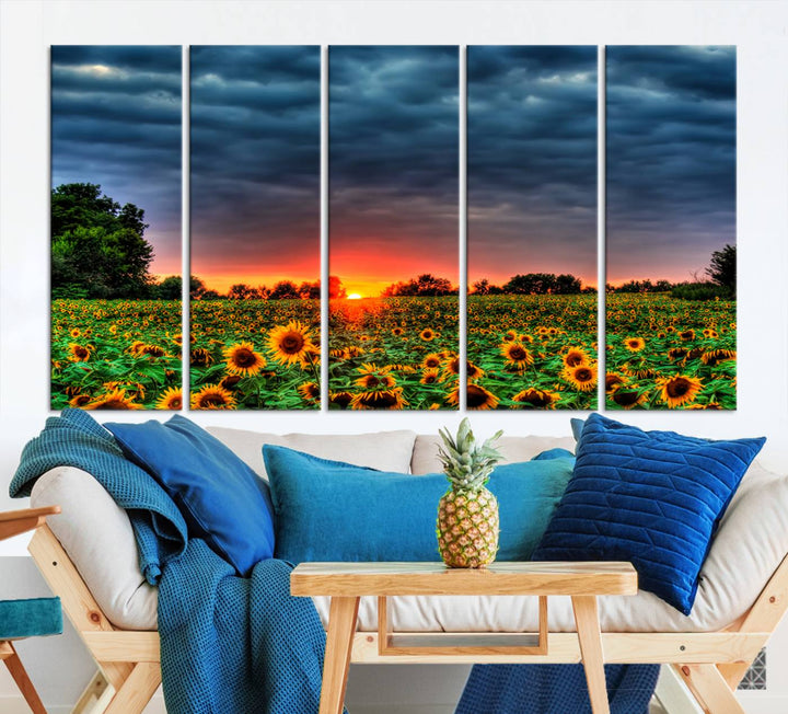 Golden Sunflower Field at Sunset – Breathtaking Sky and Vibrant Flowers, Ready to Hang Wall Art Canvas Print