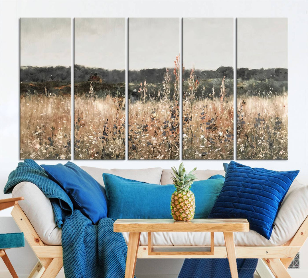 Rustic Field Landscape Triptych, Giclee Canvas Wall Art for Modern Homes, Warm Meadow and Wildflower Art Print, Large Nature Inspired Canvas Print