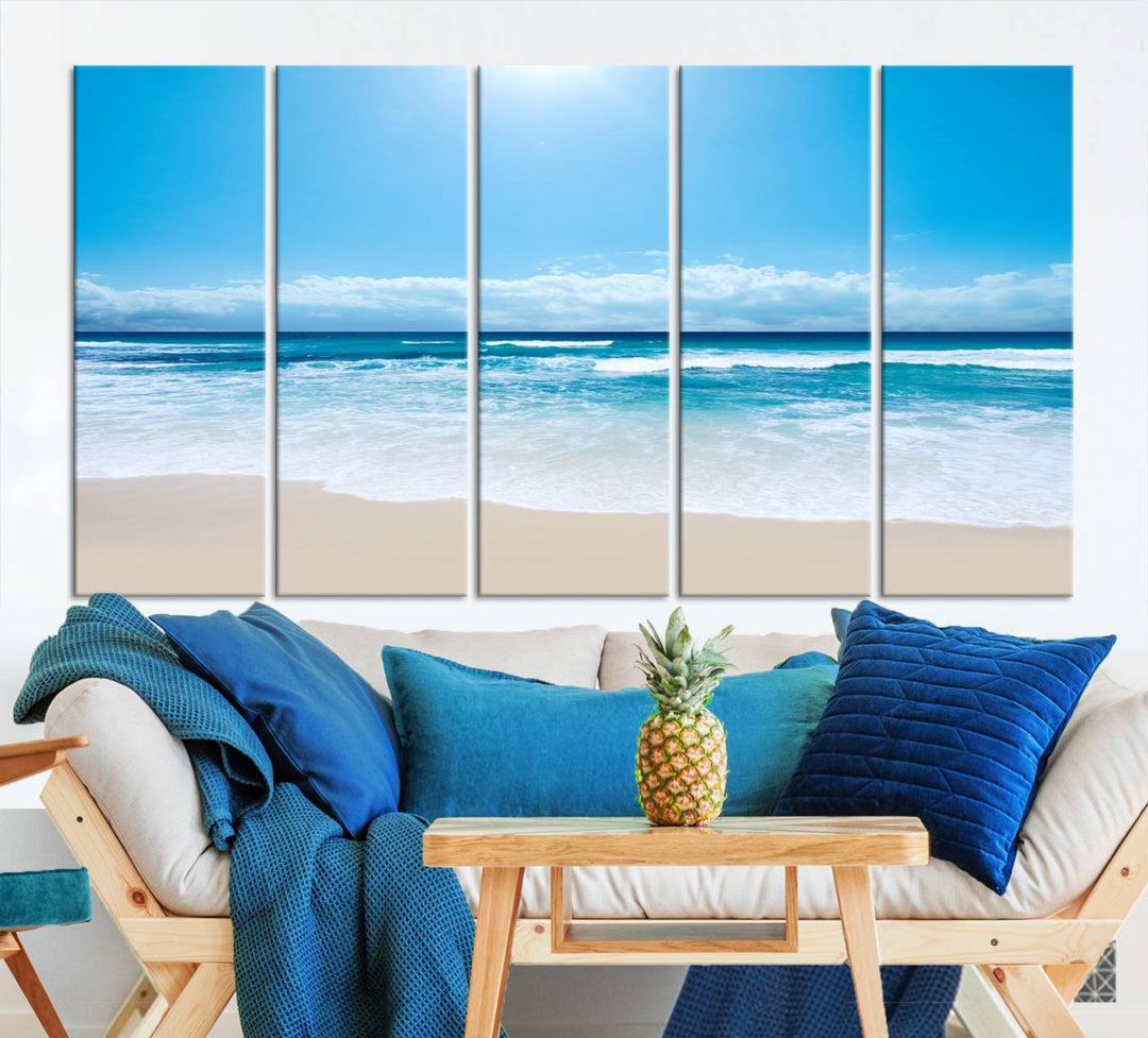 Lienzo decorativo para pared grande con estampado de mar y playa azul brillante