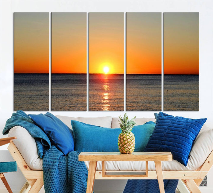 Golden Horizon Sunset Over Ocean Wall Art Canvas Print – Tropical Beach Canvas Wall Art – Giclee Print for Coastal Theme Decor Print