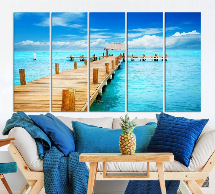 Tropical Pier Triptych Wall Art, Stunning Turquoise Ocean and Wooden Dock Canvas Print, Coastal Beach House Decor, Ocean View Canvas Art