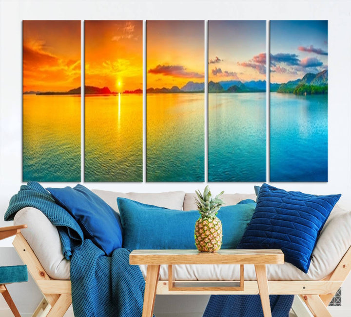 Wall Art Canvas Print Colorful Sunset Sea and Mountain Artwork