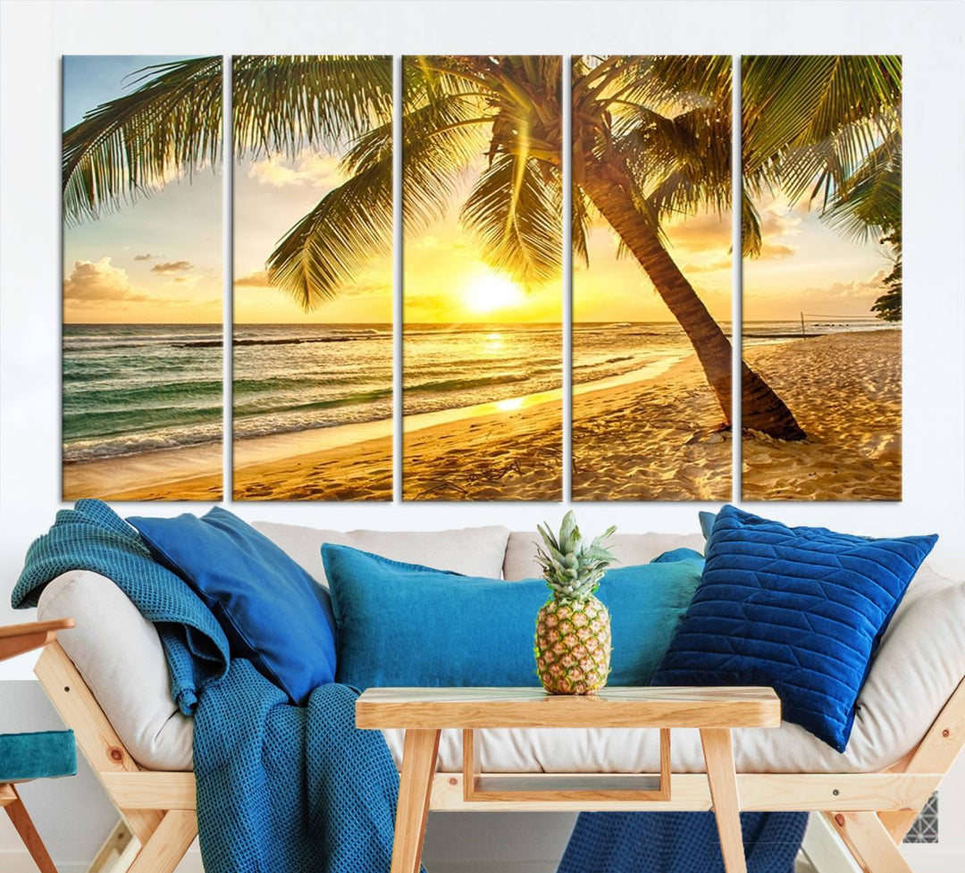 Wall Art Canvas Print Palm on Beach at Bright Sunset