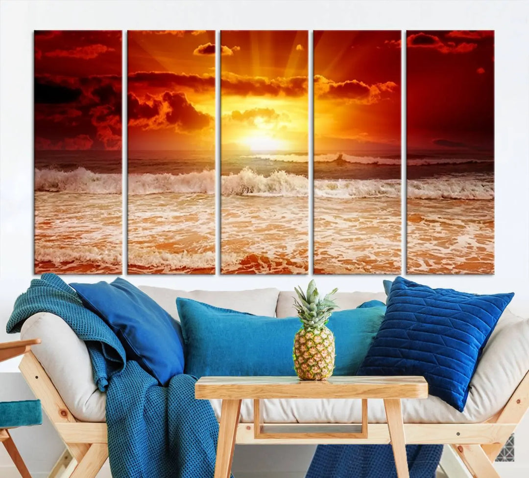 In a modern living room, the vibrant "Wall Art Canvas Perfect Sunset Turns Colour of Sea and Sky to Red," printed on museum-quality canvas, stands out. A floor lamp casts warm light over the ready-to-hang artwork, which includes a UV-protective coating to ensure lasting brilliance.