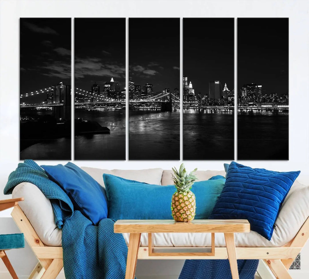 The "NEW YORK Canvas Prints Black and White Brooklyn Bridge Print" is a stunning triptych showcasing the iconic city skyline and bridge. Printed on museum-quality canvas with a UV-protective coating, it is ready to hang and instantly elevates your decor.