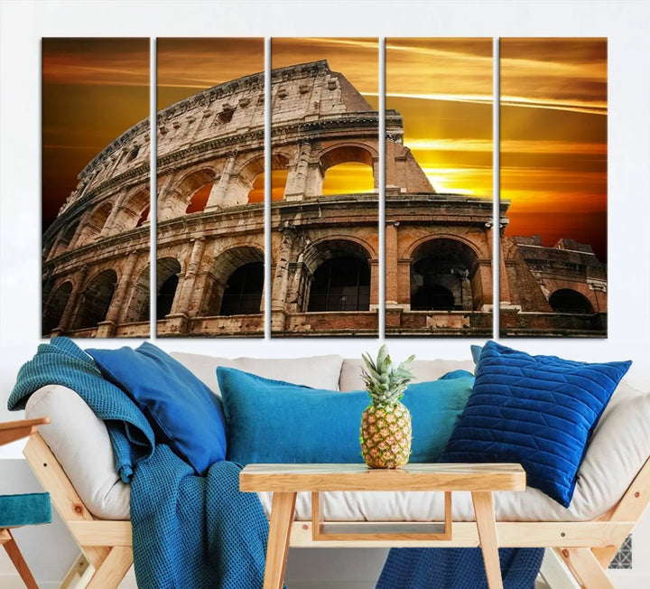 A three-panel canvas titled "Colosseum with Yellow Sunset Behind, Italy," protected with a UV-coating, is elegantly displayed.