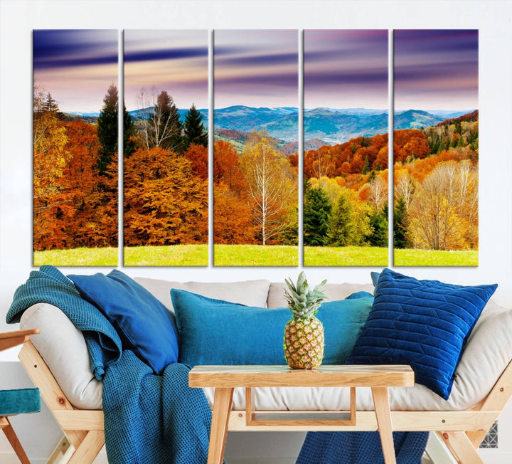 Autumn Colorful Forest Blue Mountains and Purple Sky at Sunset Wall Art Canvas Print