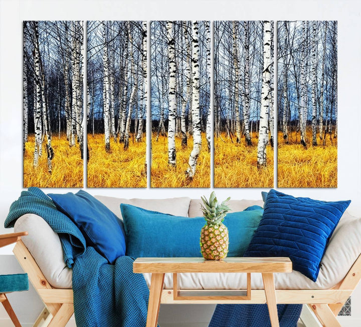 Impression d’art mural de bouleaux, art mural paysage, impression sur toile, arbres sans feuilles sur fond jaune