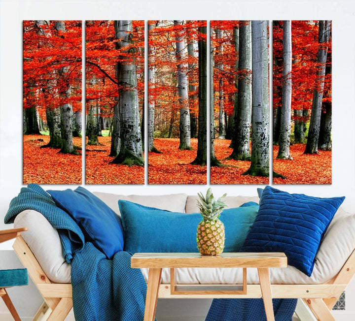 Impression sur toile de paysage d'art mural, feuilles rouges sur des arbres sur fond rouge