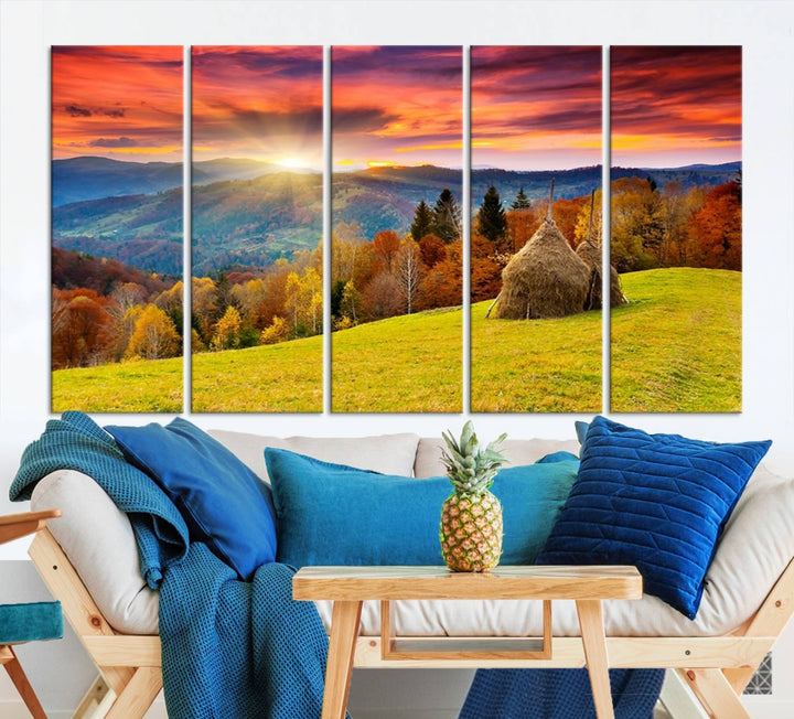 Impression sur toile de paysage d'art mural, tous les tons de vert au coucher du soleil