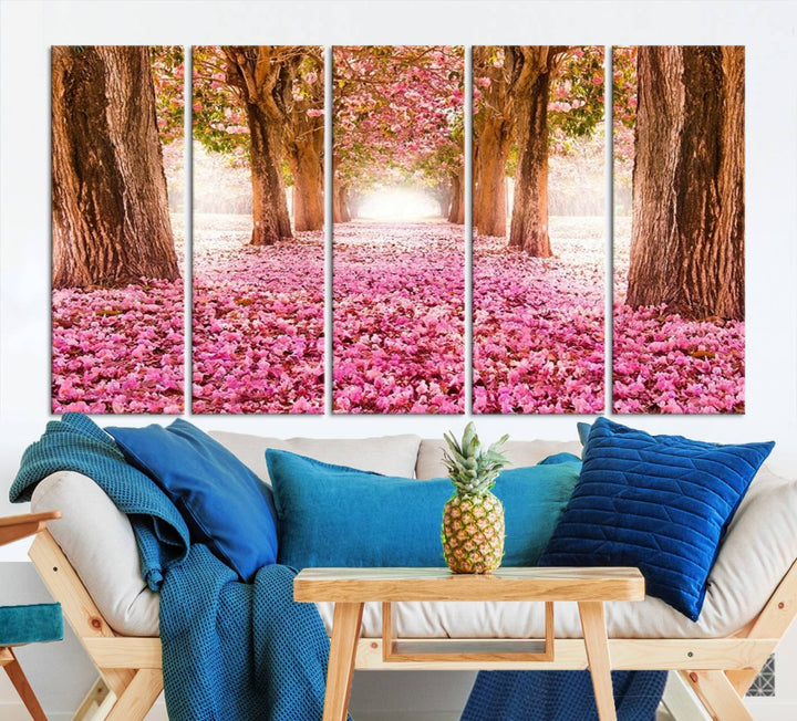 Blossom Cherry Canvas Print Walking on Pink Flowers Between Trees