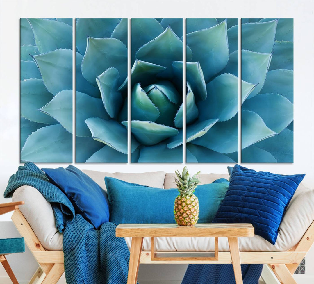 A stunning Large Agave Succulent Canvas Wall Art, a botanical close-up print perfect for modern living rooms, hangs prominently.