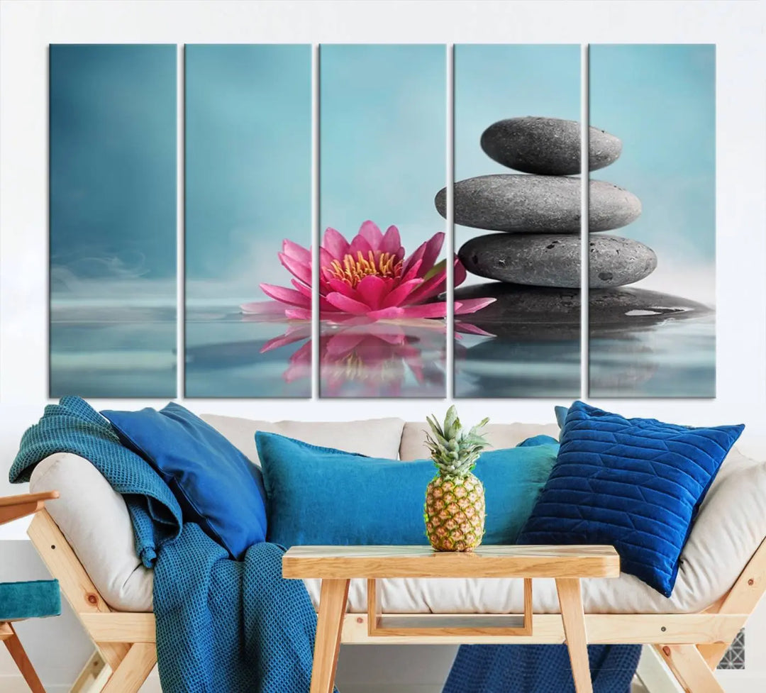 The Zen Serenity Triptych Canvas Art, featuring a lotus flower and balancing stones, perfectly captures tranquility with its serene water lily print.