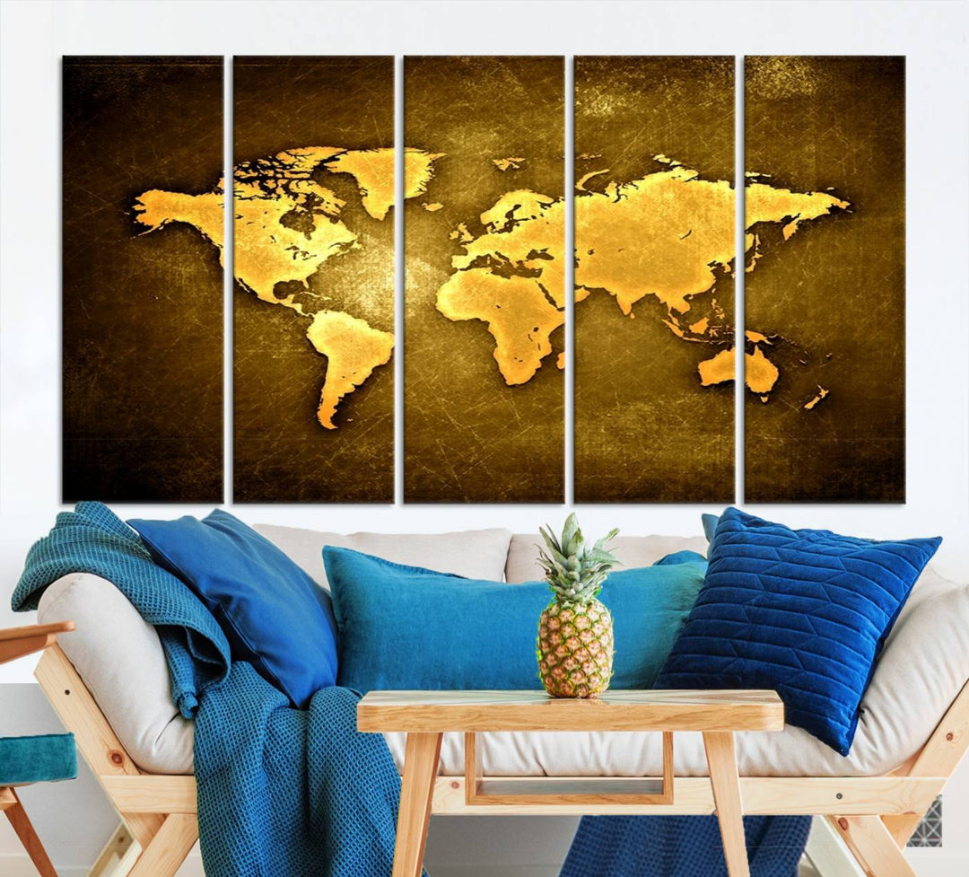 Yellow World Map on Metalic Yellow Background 