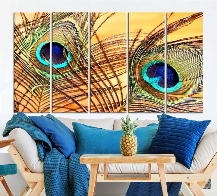 The Peacock Feather Wall Art Print, showcasing a vibrant green, blue, and orange feather design and ready to hang, adorns the space.