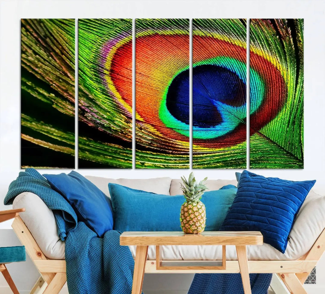 The living room features the "Colorful Peacock Feather Wall Art Print," showcasing a vibrant green, blue, and orange design elegantly displayed above a modern sofa.