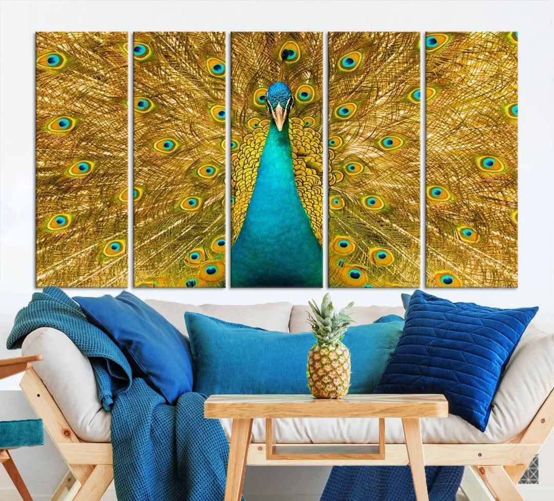 The Peacock Wall Art Canvas Print, featuring a vibrant triptych design of a peacock with intricate feather details and printed on museum-quality canvas with UV-protective coating, brings an artistic flair to the elegant space. Ready to hang, it enhances the modern living room with its striking presence.