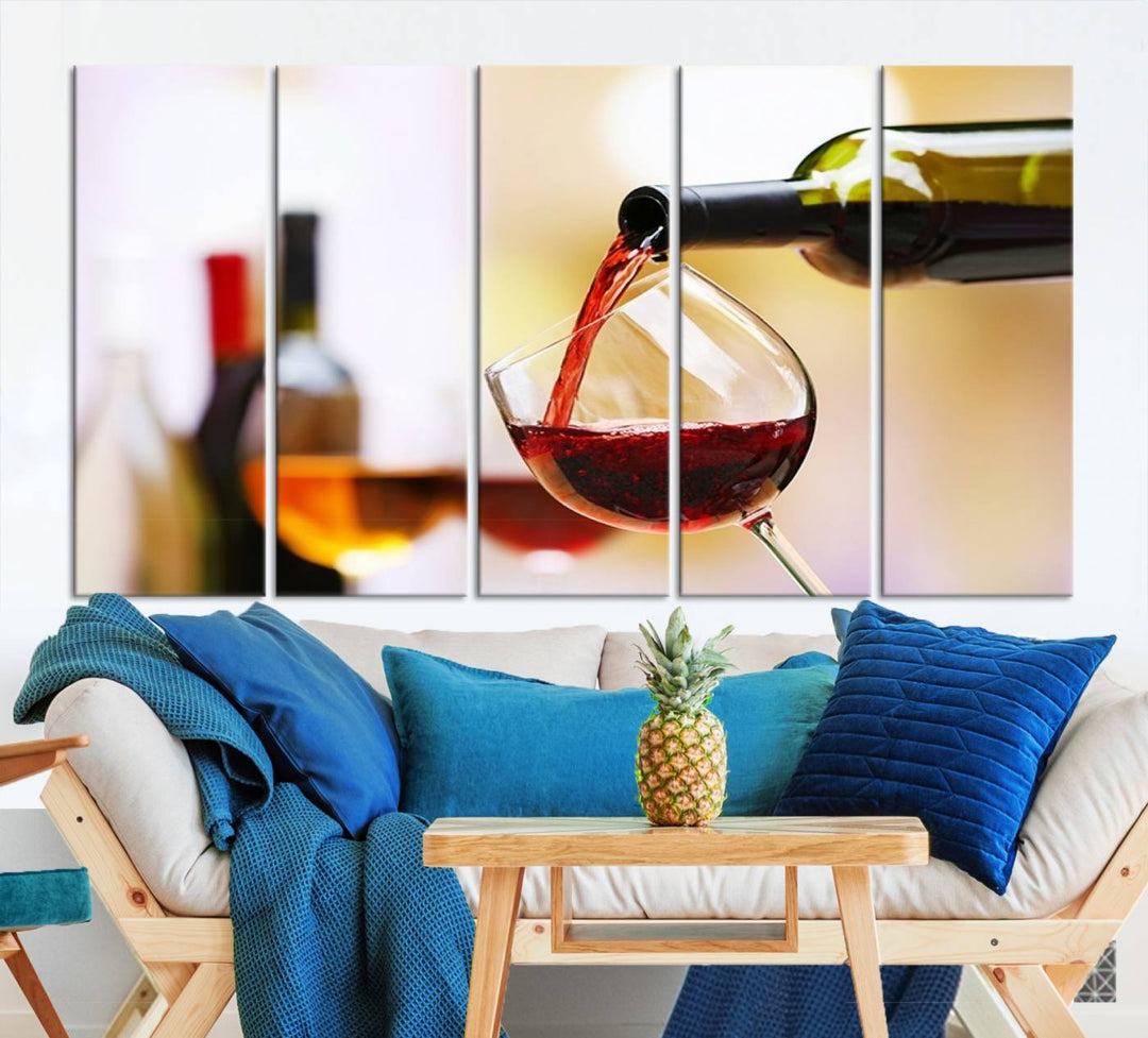 The Filling Red Wine into Glass Red Wine Canvas Print showcases a wine bottle pouring red wine into a glass. This scene, captured on museum-quality canvas, promises timeless elegance and comes with free shipping for effortless delivery to your doorstep.