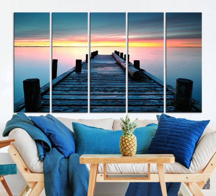 Wall Art Vintage Wooden Pier on Sea at Sunset Canvas Print