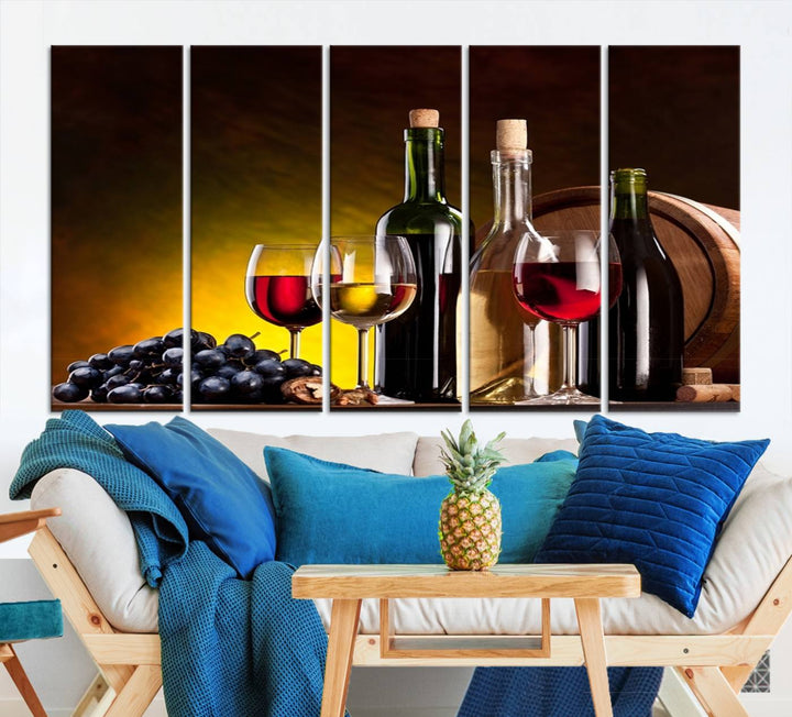 The "Red and White Wine Canvas Print" is a multi-panel design displaying bottles and glasses, adding a professional craftsman's touch to the living room.