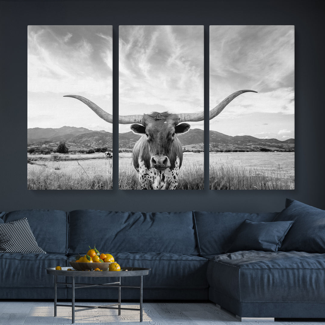 Modern living room featuring Longhorn Cow Wall Art Canvas Print.