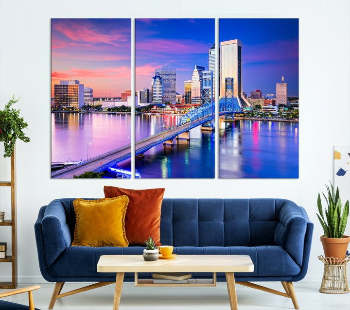 The Jacksonville Wall Art Canvas Print, showcasing the Jacksonville cityscape over a river at sunset, is elegantly crafted on museum-quality canvas with a UV-protective coating. Ready to hang, it elevates your space with its sophisticated charm.