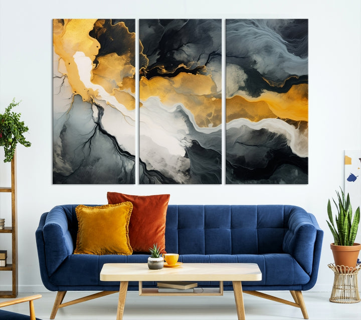 The Smoke Gray Green Golden Abstract Contemporary Art Canvas beautifully enhances a modern living room. Created on museum-quality canvas, this ready-to-hang artwork guarantees longevity and sophistication, perfectly aligning with the contemporary aesthetic.