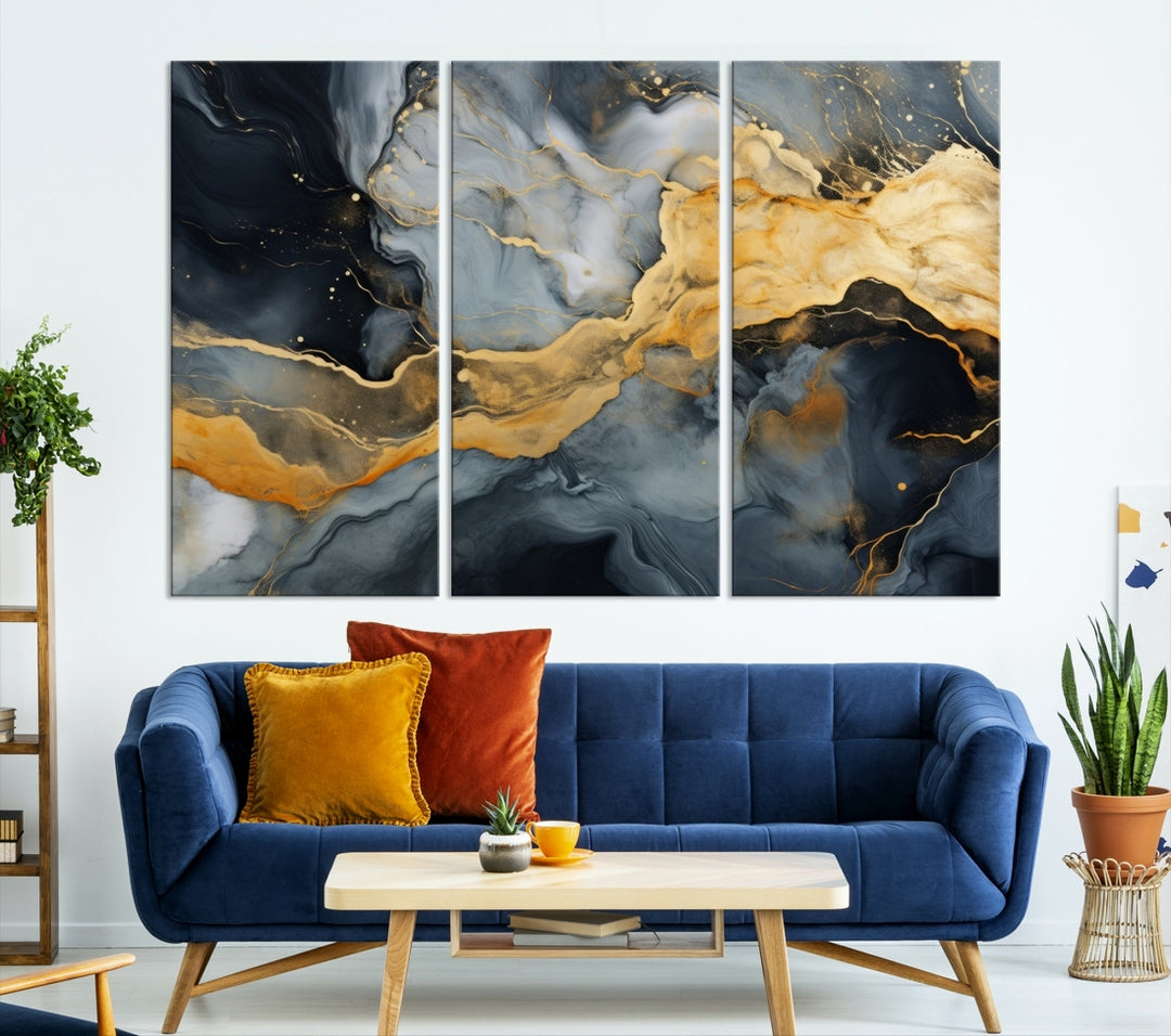 The living room features the Golden Gray Abstract Wall Art Print Contemporary Art Canvas Design, a triptych showcasing gold, black, and gray swirls. Crafted on museum-quality canvas and ready to hang, this piece is designed for elegance and durability.