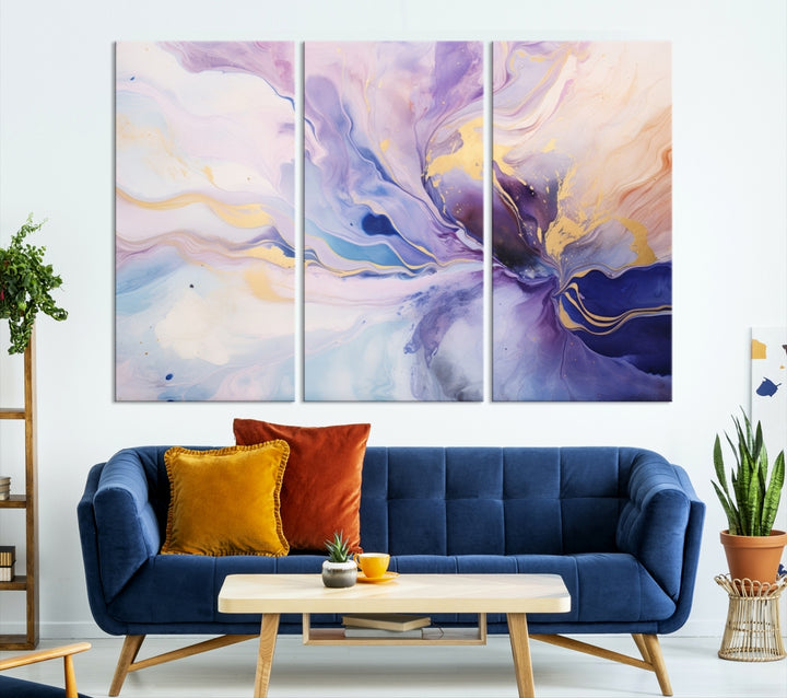 In the modern living room, a captivating Purple Color Abstract Wall Art Print graces the walls, mounted on museum-quality canvas, infusing the space with an artistic flair.