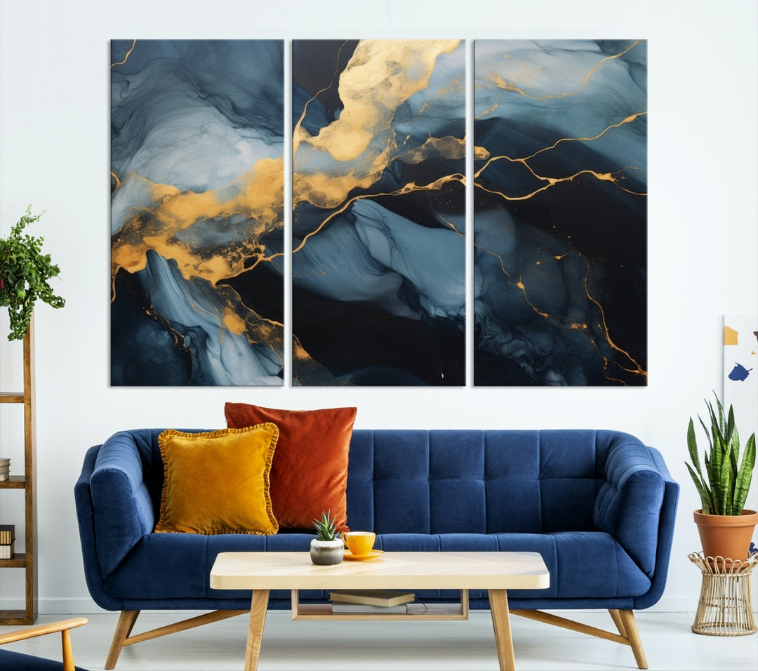 Contemporary artwork print featuring abstract blue and gold swirls on gallery wrapped, museum-quality canvas.