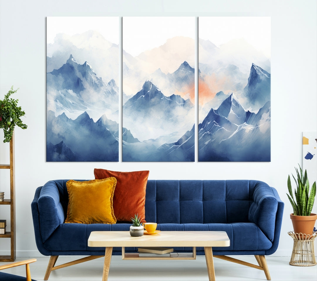 Blue Orange Abstract Mountain Wall Art