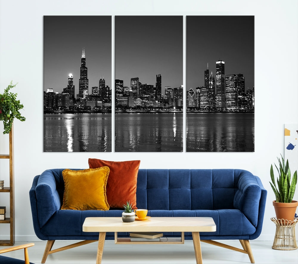 The Chicago Wall Art Canvas Print, a black and white triptych of a city skyline, adorns the space. This museum-quality canvas art arrives ready to hang, effortlessly merging sophistication with contemporary design.