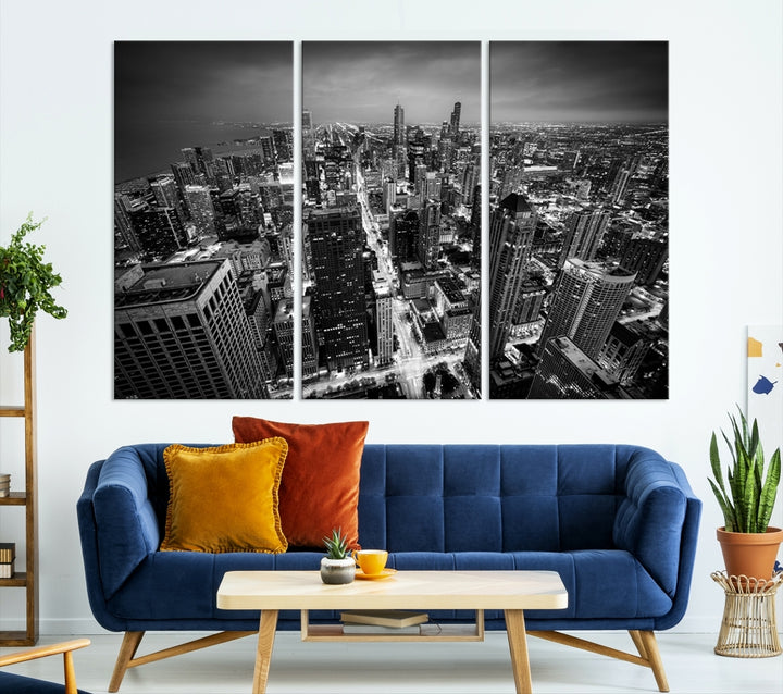 A Chicago Wall Art Canvas Print, specifically the Chicago City Night Canvas Print, is displayed in handcrafted frames.