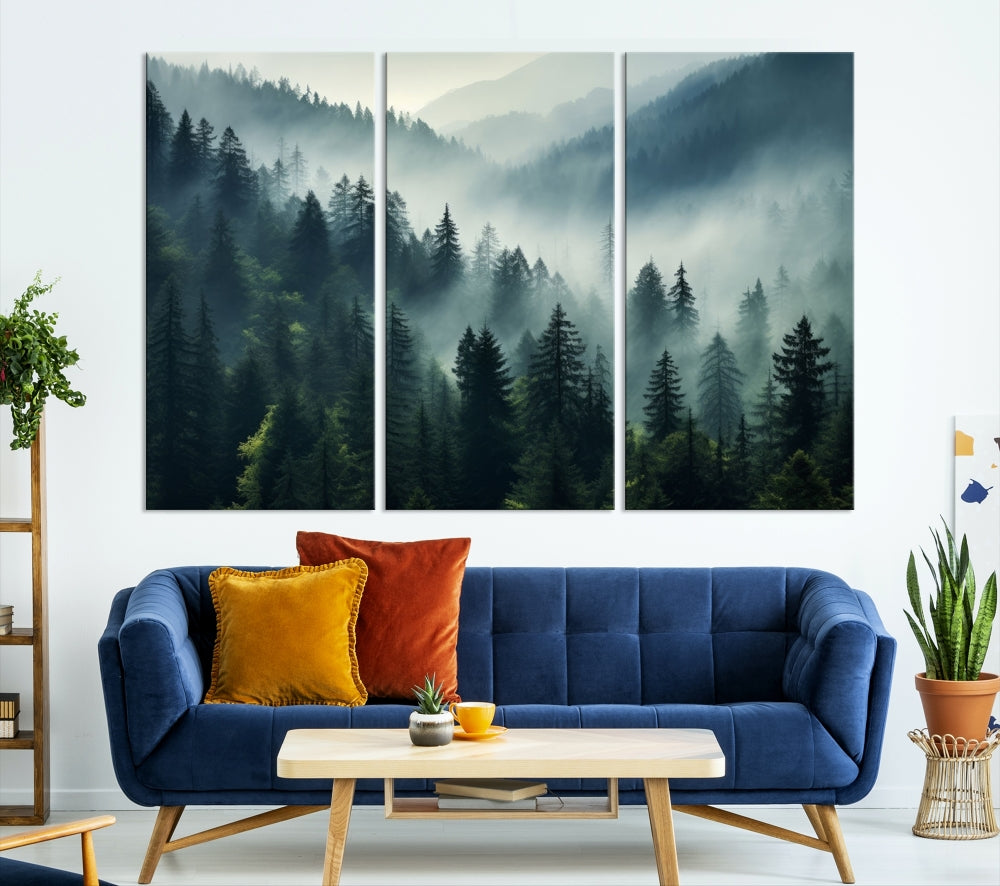 The Captivating Misty Forest Wall Art Premium Canvas Print offers a foggy and serene ambiance, enhancing the modern living room's atmosphere.