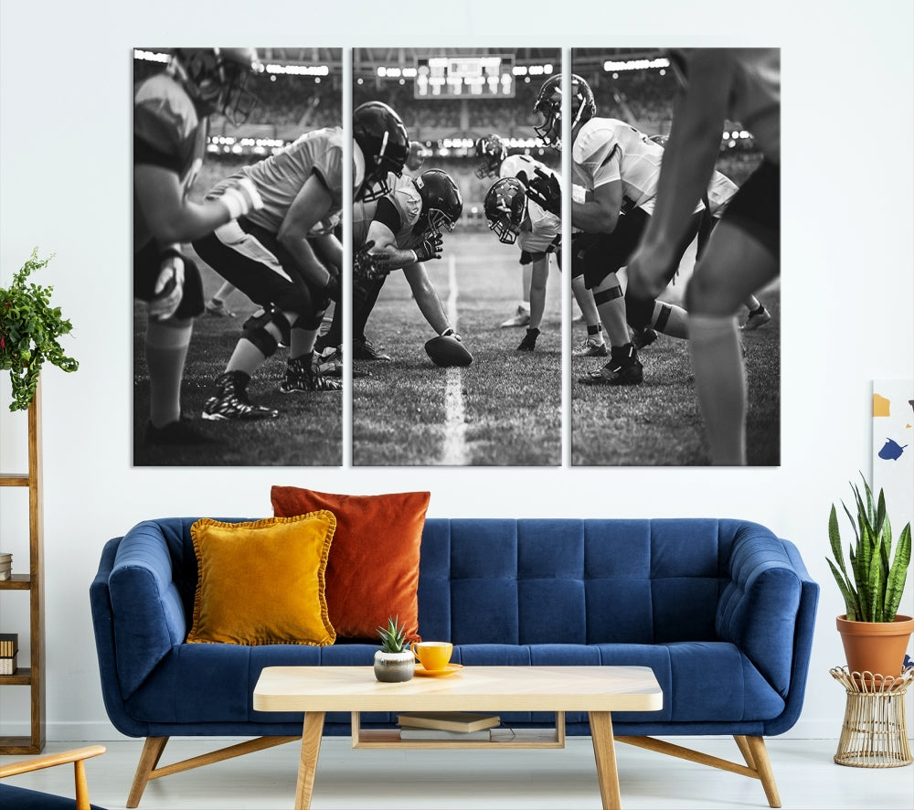 The "American Football Match Wall Art Canvas Print," featuring a black and white photo of a football game, is displayed as a triptych. This artwork is printed on museum-quality canvases and protected with a UV-coating.