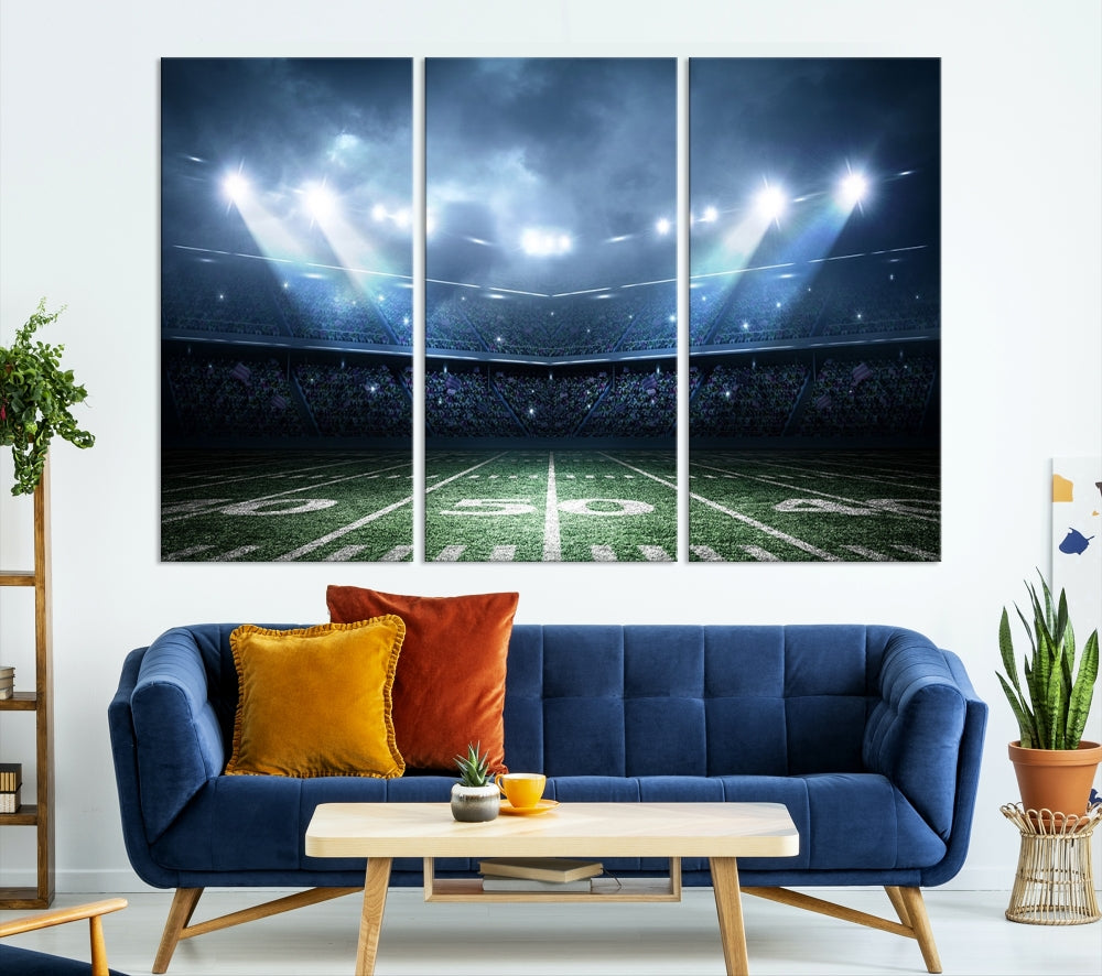 The *American Football Stadium Wall Art Canvas Print*, showcasing a lit football stadium, hangs prominently.