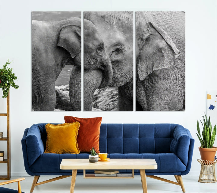 Elefante lienzo pared arte Elefantes familia negro blanco impresión Animales arte de la pared Elefante enmarcado lienzo elefante bebé y mamá decoración del hogar