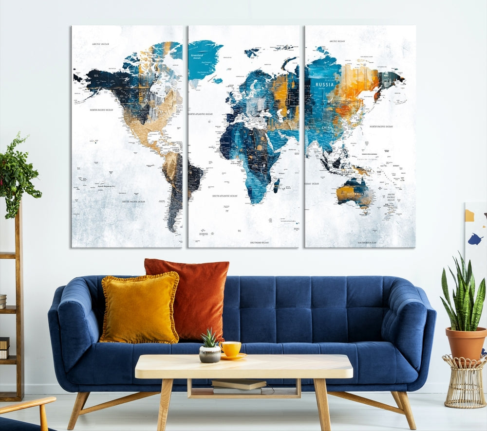 The World Map Turquoise Orange Wall Art Canvas Print, a triptych crafted on museum-quality canvases, adds aesthetic appeal and durability to the space.