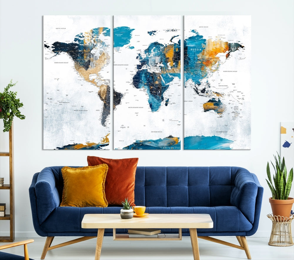 The "Turquoise Orange World Map Canvas Wall Art" showcases striking blue and orange tones. This museum-quality canvas features a UV-protective coating for enhanced durability and vibrant color retention.