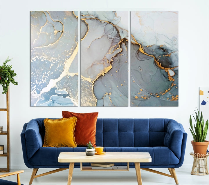 The Marble Texture Canvas Wall Art – Abstract Modern Design with Gold Accents is a perfect choice to enhance your modern space, featuring a triptych design on dark texture.