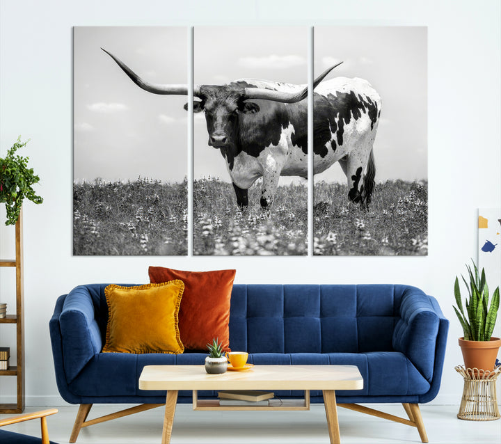 Texas Black White Highland Longhorn Cow Wall Art Canvas Print