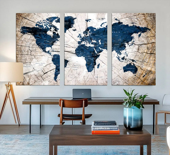 The living room exudes style with the Blue World Map Canvas Wall Art, a rustic-style triptych that's prominently displayed on the wall. This global decor piece adds an elegant touch to the space.