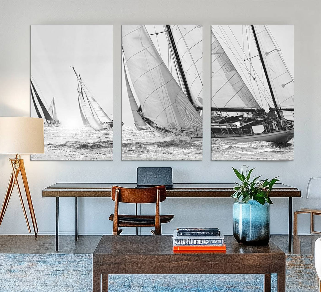 Yacht Sailboat Regatta canvas print on a textured wooden wall.