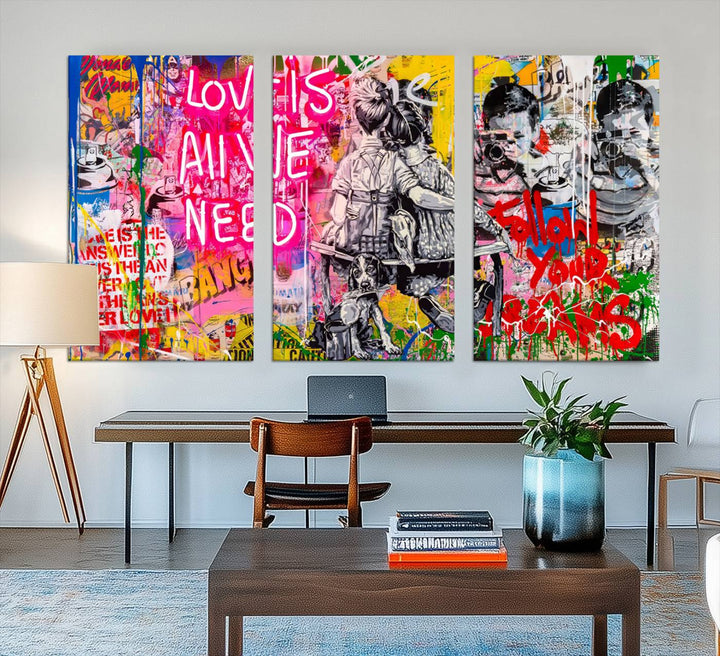 A vibrant and dynamic triptych features distorted horizontal lines, resembling graffiti street art. This artwork conveys the themes of "Follow Your Dreams" and "Love is All We Need" across three colorful panels.