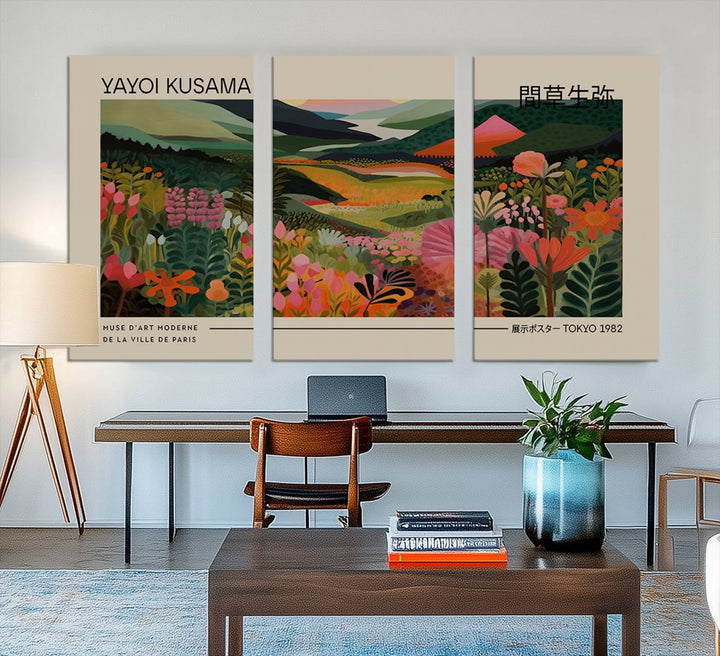 A Yayoi Kusama Landscape Canvas Print brightens the wall with vibrant floral and mountain art.